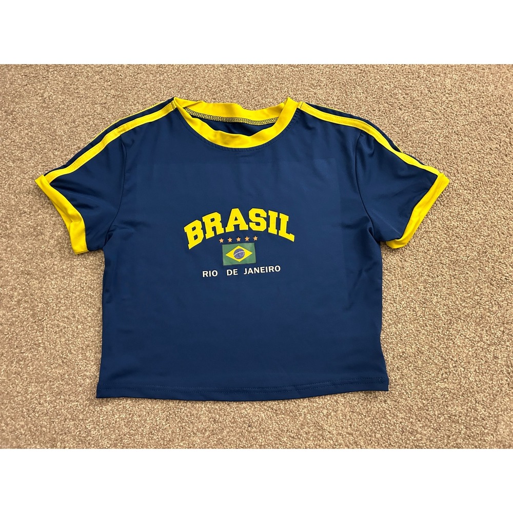 SHEIN Brasil Graphic Crop Top Women Medium Blue Excellent Sporty Rio De Janeiro